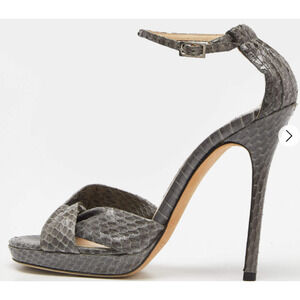 NWOT Jimmy Choo Greta Embossed Snake Ankle Strap Platform Sandals Grey Size 39/9